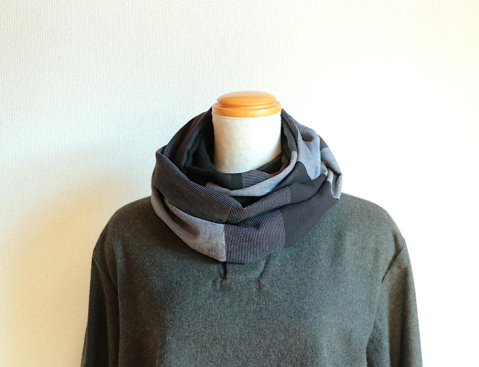 黒/グレー/しま/綿/リネン/幅太/◎スヌード | 3枚目
