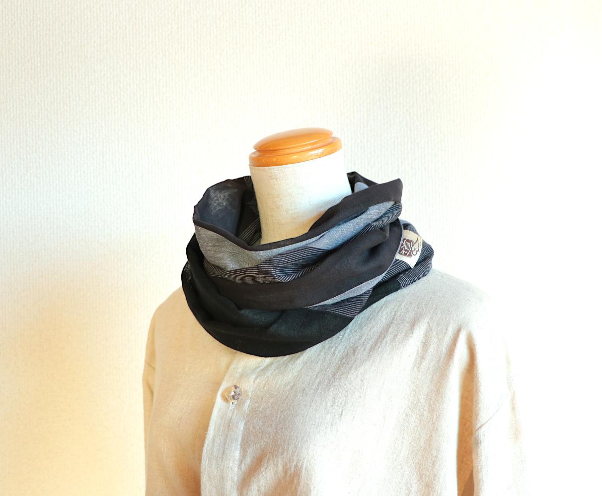 黒/グレー/しま/綿/リネン/幅太/◎スヌード | 4枚目